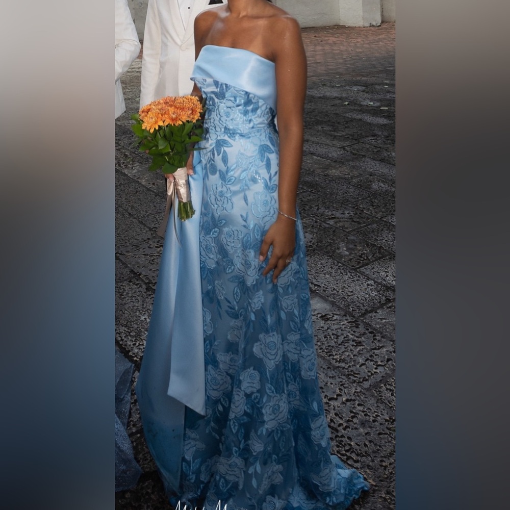 Elegant Blue Floral Evening Gown Embroidered Baby Blue Maid of Honor